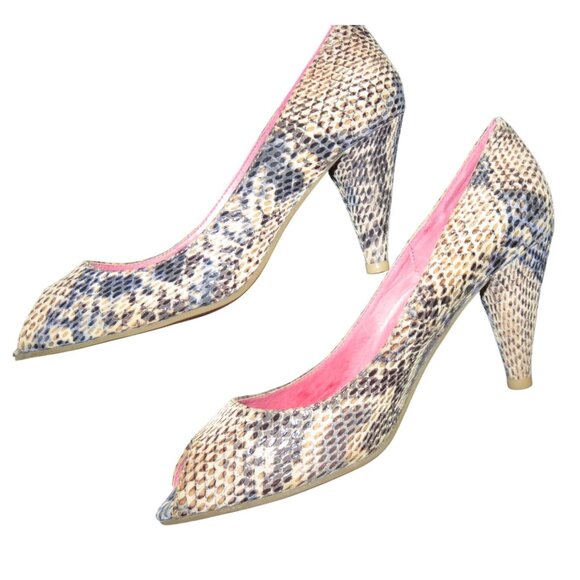 Crown Vintage Natural & Blue Python Embossed Leather Peep toe pumps size 8.5 - Picture 5 of 12